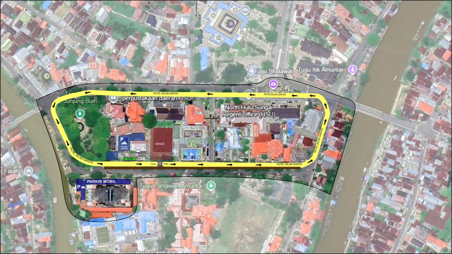 Peta udara rute jalan santai mengelilingi kawasan Kantor Bupati Hulu Sungai Utara, ditandai garis kuning, dengan titik start dan finis di depan venue serta lokasi parkir motor dan parkir mobil